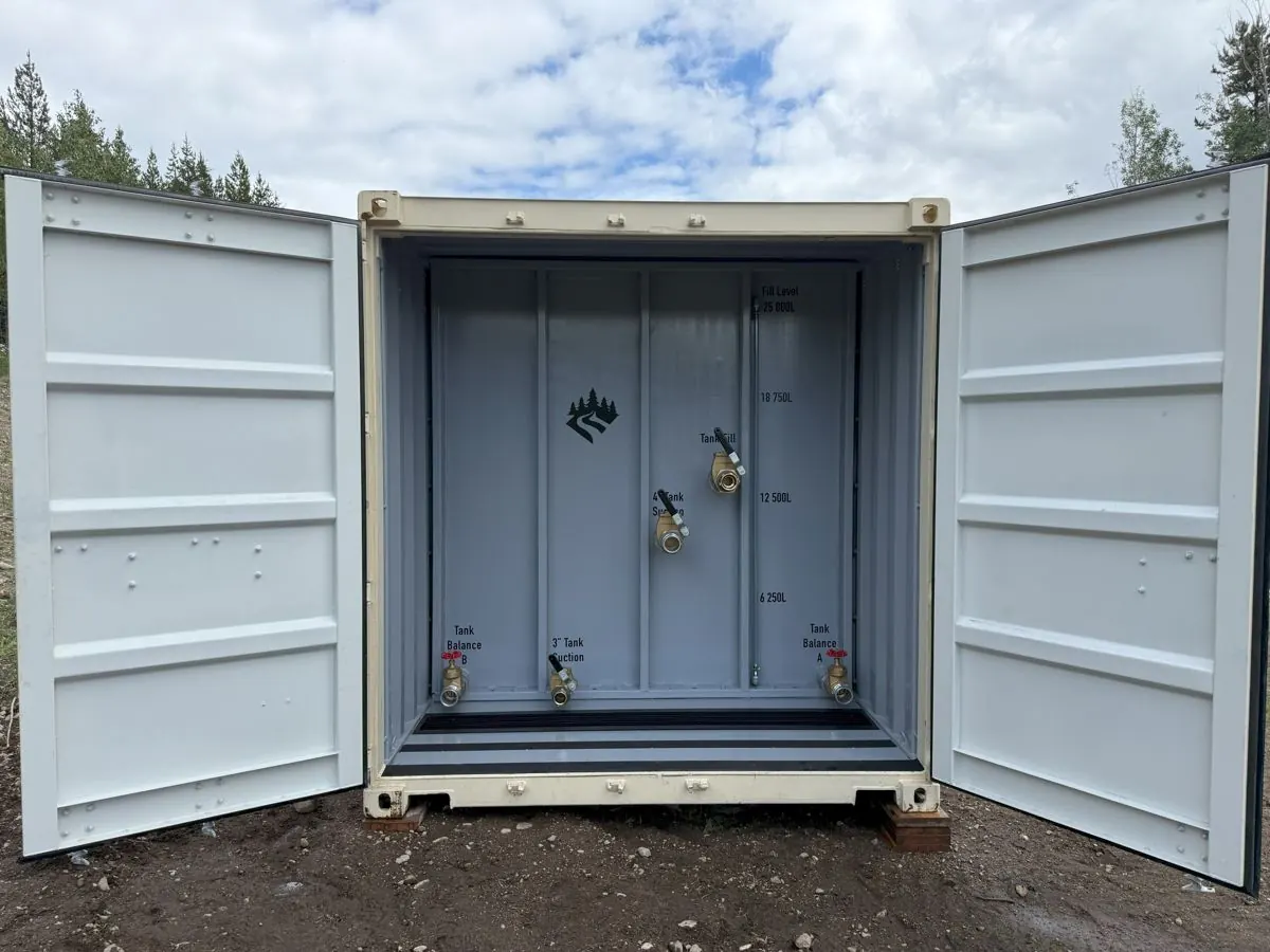 SMS with container doors open, showing the tank face and valves